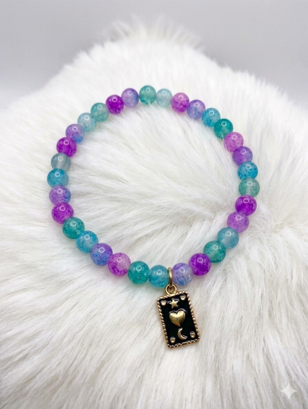 Gold Charm Multicolor Beaded Stretch Bracelet — Purple & Teal